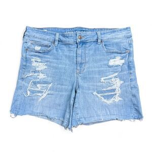 American Eagle Midi Jean Shorts Womens Size 16 Light Blue Distressed Stretch